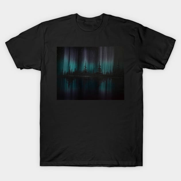 Purple and Teal Northern Lights Silhouette T-Shirt by J&S mason